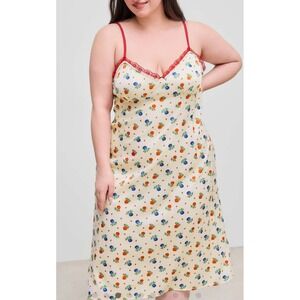 Cider Curve 2X Midi Slip Dress Floral V Neck Lace Trim Smocked Cream Red Blue